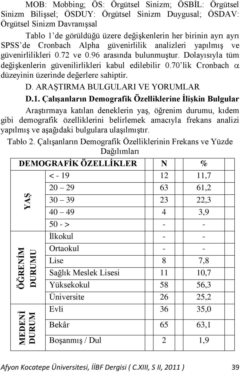 Dolayısıyla tüm değiģkenlerin güvenilirlikleri kabul edilebilir 0.70 lik Cronbach düzeyinin üzerinde değerlere sahiptir. D. ARAġTIRMA BULGULARI VE YORUMLAR D.1.