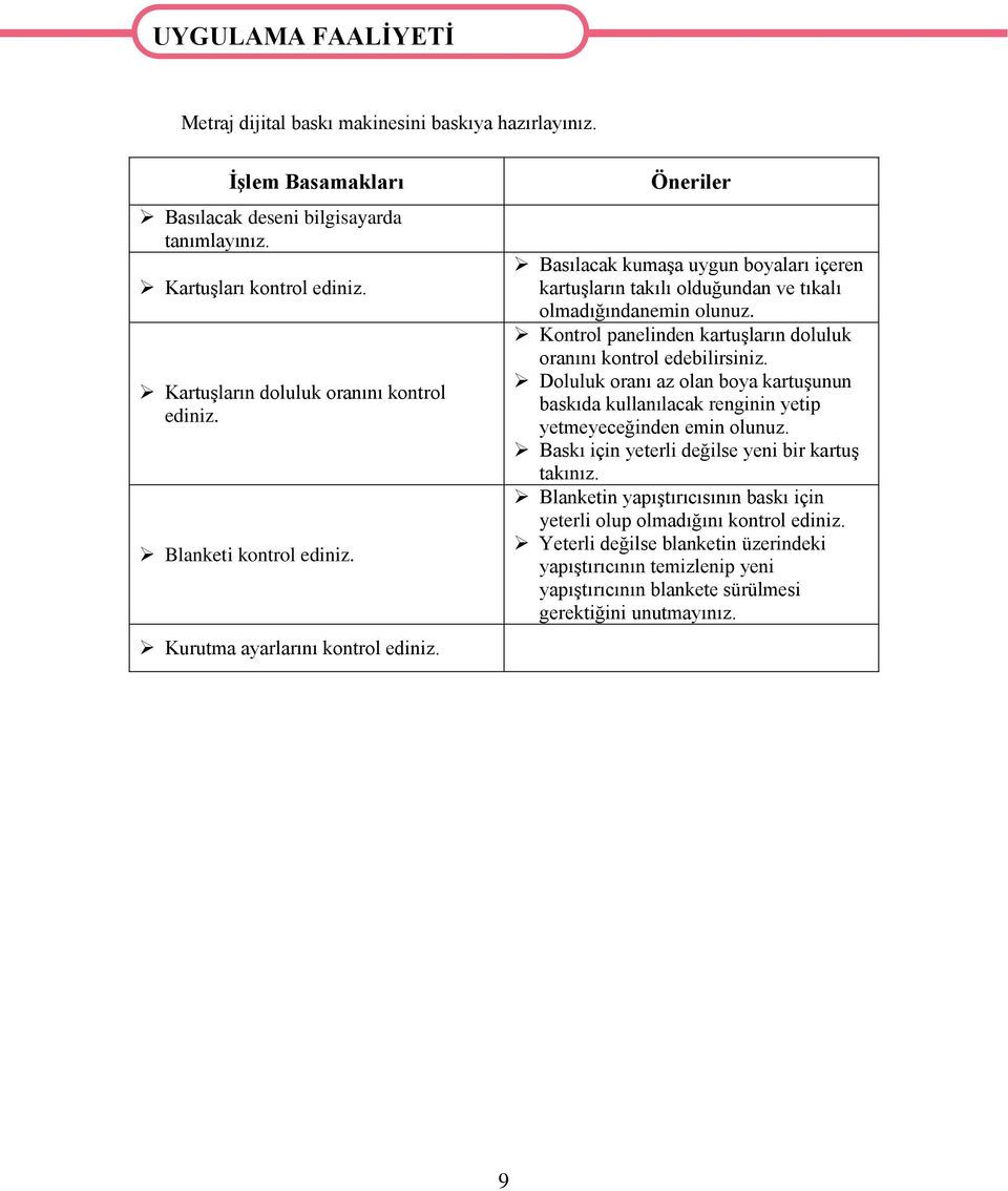 Öneriler Basılacak kumaşa uygun boyaları içeren kartuşların takılı olduğundan ve tıkalı olmadığındanemin olunuz. Kontrol panelinden kartuşların doluluk oranını kontrol edebilirsiniz.