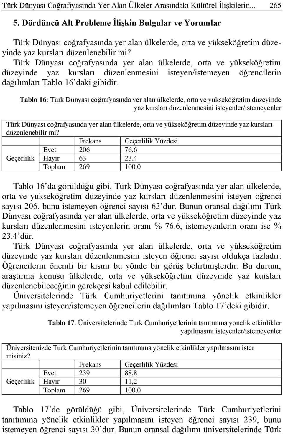 Türk Dünyası coğrafyasında yer alan ülkelerde, orta ve yükseköğretim düzeyinde yaz kursları düzenlenmesini isteyen/istemeyen öğrencilerin dağılımları Tablo 16 daki gibidir.