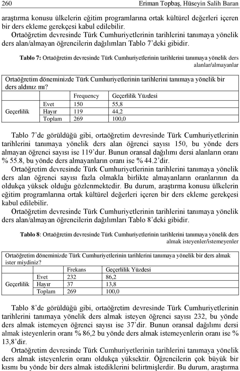 Tablo 7: Ortaöğretim devresinde Türk Cumhuriyetlerinin tarihlerini tanımaya yönelik ders alanlar/almayanlar Ortaöğretim döneminizde Türk Cumhuriyetlerinin tarihlerini tanımaya yönelik bir ders