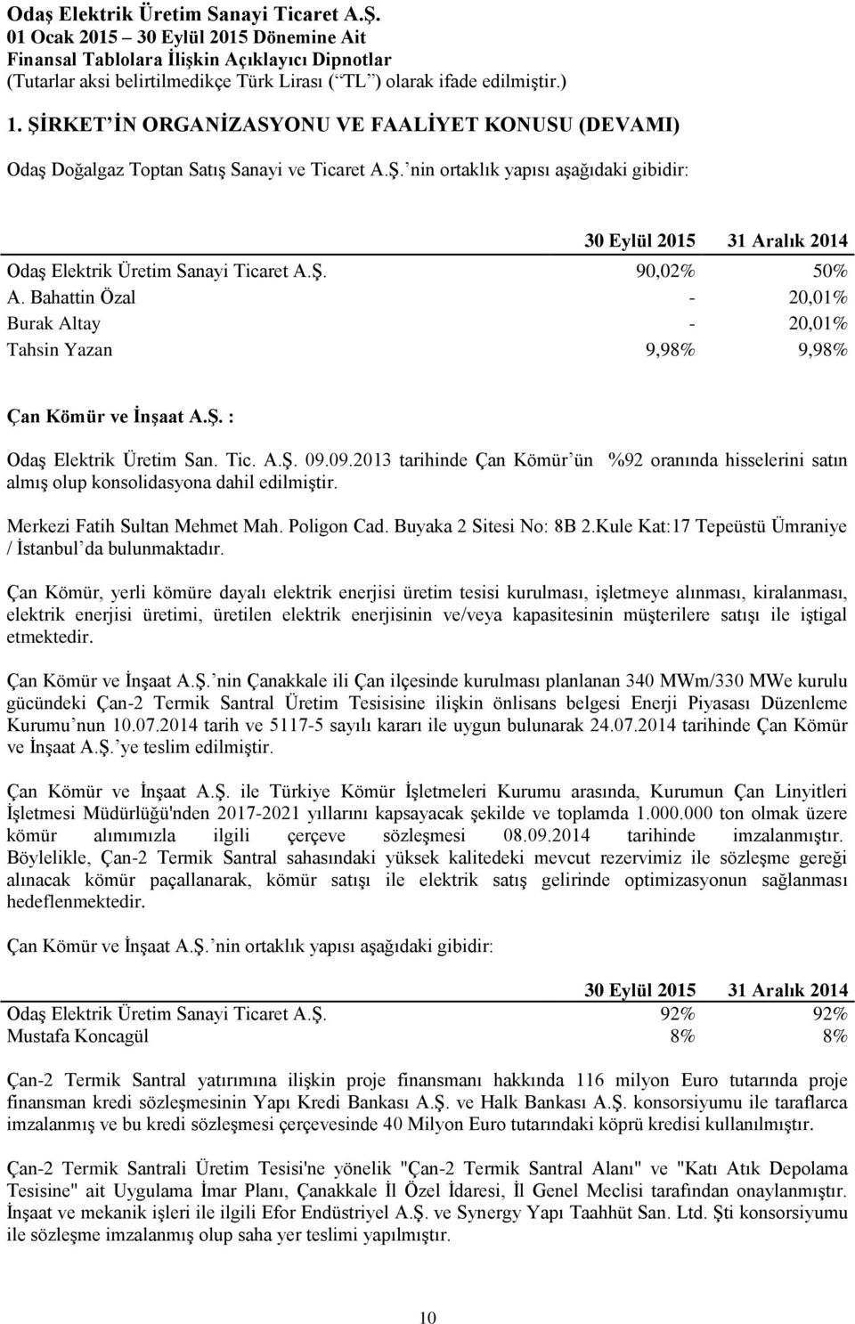 09.2013 tarihinde Çan Kömür ün %92 oranında hisselerini satın almış olup konsolidasyona dahil edilmiştir. Merkezi Fatih Sultan Mehmet Mah. Poligon Cad. Buyaka 2 Sitesi No: 8B 2.