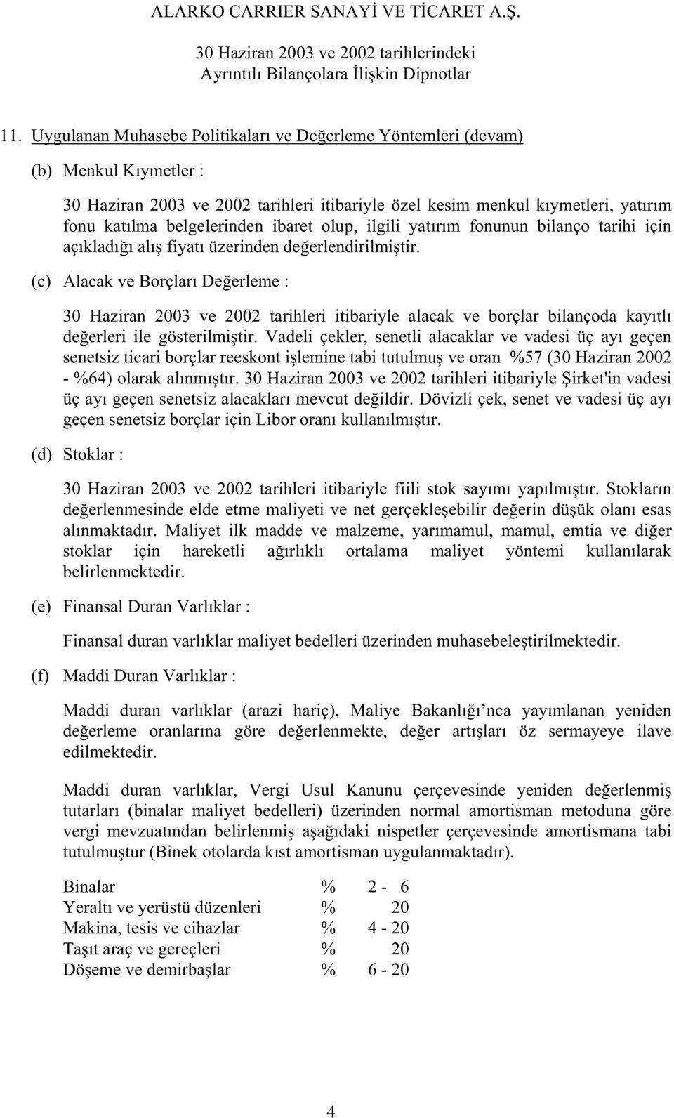 (c) Alacak ve Borçları De erleme : 30 Haziran 2003 ve 2002 tarihleri itibariyle alacak ve borçlar bilançoda kayıtlı de erleri ile gösterilmi tir.