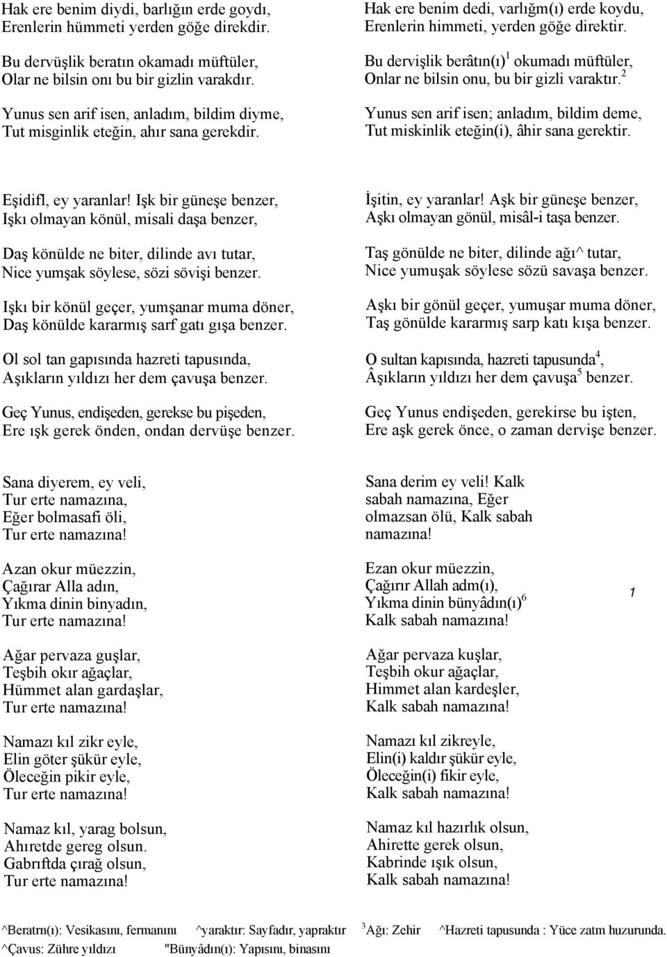 Bu dervişlik berâtın(ı) 1 okumadı müftüler, Onlar ne bilsin onu, bu bir gizli varaktır. 2 Yunus sen arif isen; anladım, bildim deme, Tut miskinlik eteğin(i), âhir sana gerektir. Eşidifl, ey yaranlar!