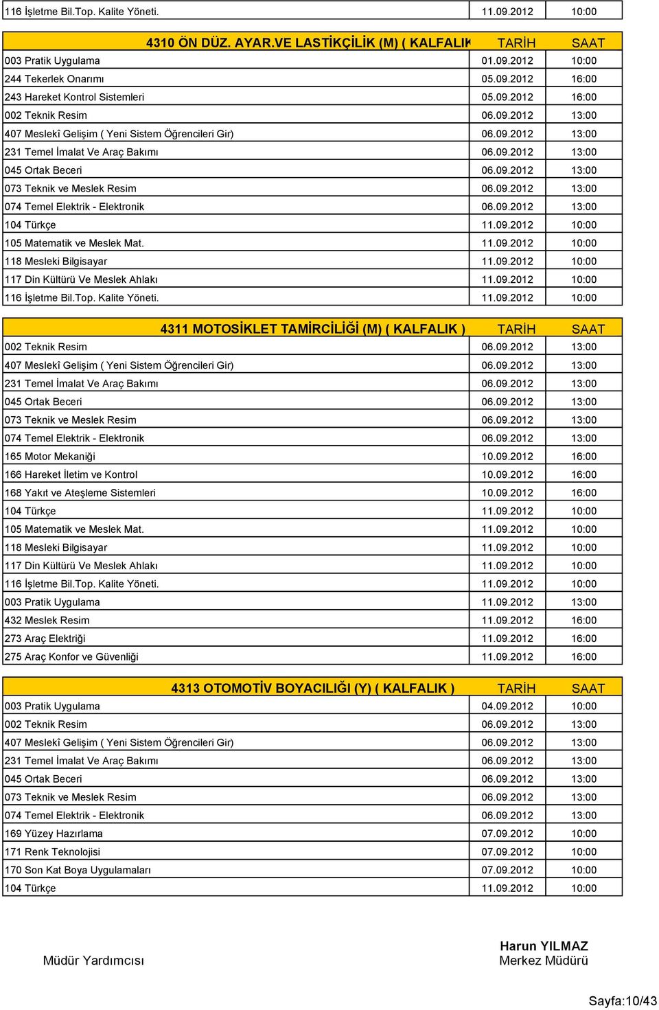 09.2012 13:00 4311 MOTOSİKLET TAMİRCİLİĞİ (M) ( KALFALIK ) TARİH SAAT 002 Teknik Resim 06.09.2012 13:00 165 Motor Mekaniği 10.09.2012 16:00 166 Hareket İletim ve Kontrol 10.09.2012 16:00 168 Yakıt ve Ateşleme Sistemleri 10.
