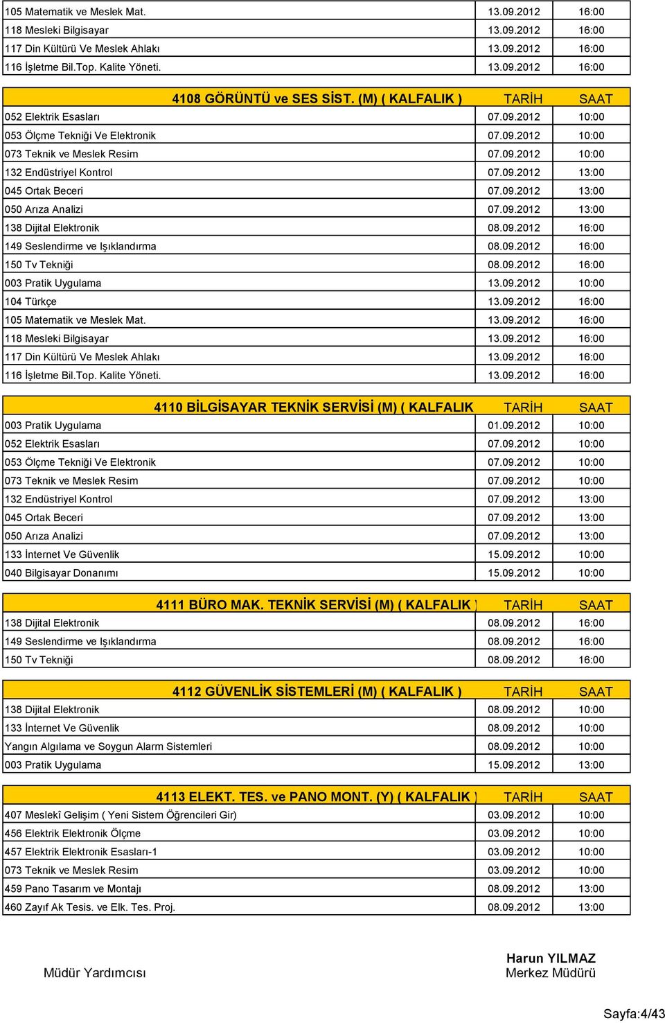 09.2012 10:00 4110 BİLGİSAYAR TEKNİK SERVİSİ (M) ( KALFALIK ) TARİH SAAT 003 Pratik Uygulama 01.09.2012 10:00 052 Elektrik Esasları 07.09.2012 10:00 053 Ölçme Tekniği Ve Elektronik 07.09.2012 10:00 073 Teknik ve Meslek Resim 07.