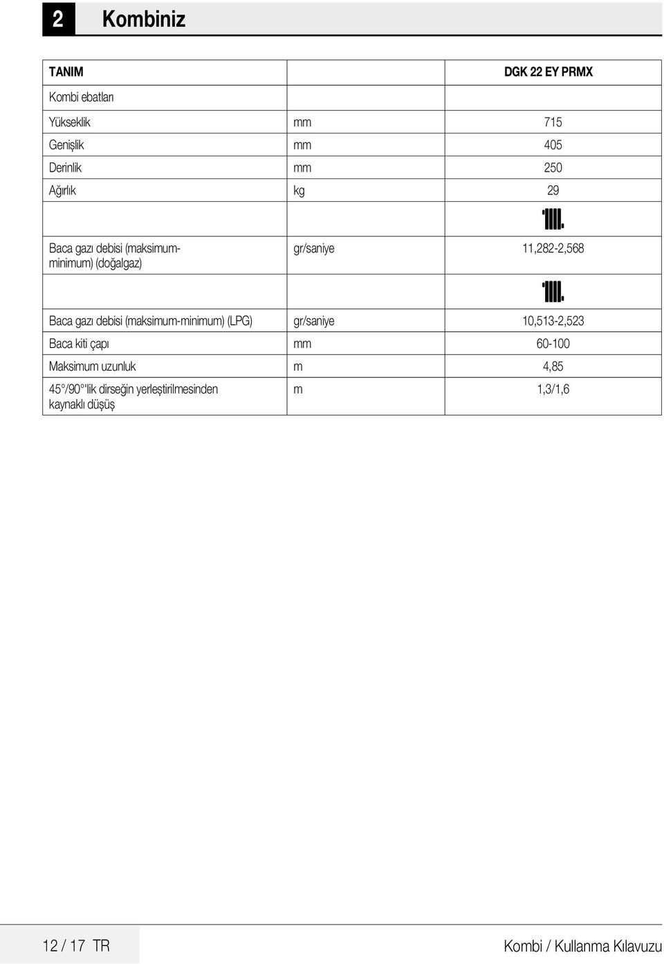 debisi (maksimum-minimum) (LPG) gr/saniye 10,513-2,523 Baca kiti çapı mm 60-100 Maksimum uzunluk m