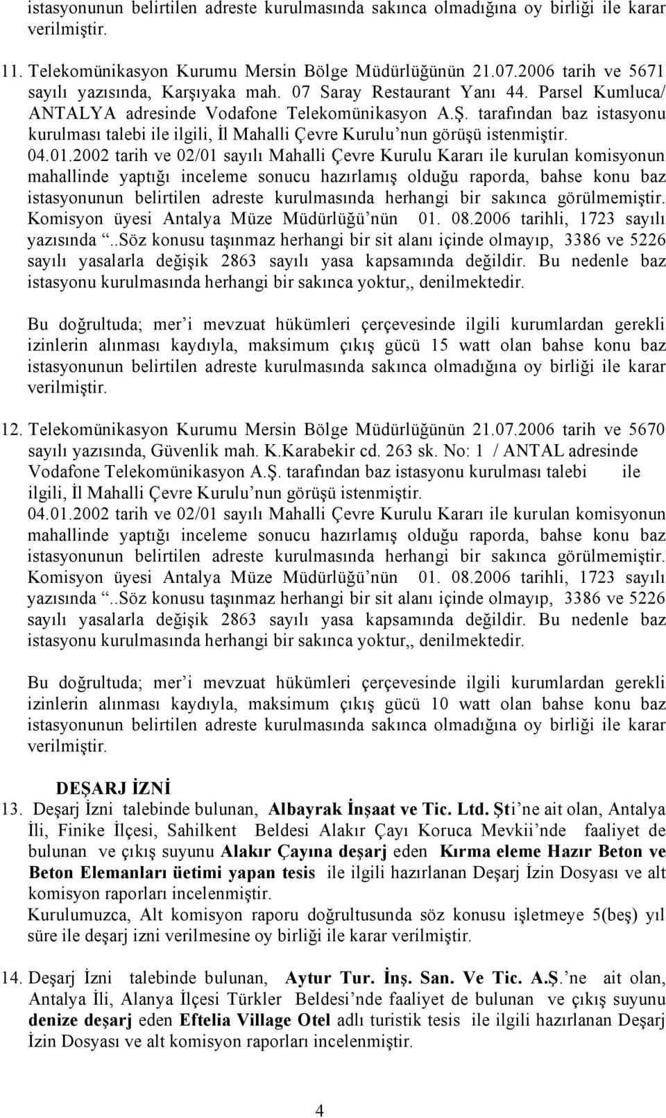 Komisyon üyesi Antalya Müze Müdürlüğü nün 01. 08.2006 tarihli, 1723 sayılı izinlerin alınması kaydıyla, maksimum çıkış gücü 15 watt olan bahse konu baz 12.