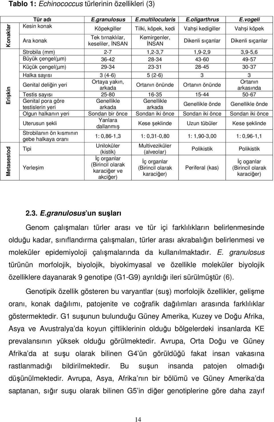 1,2-3,7 1,9-2,9 3,9-5,6 Büyük çengel(µm) 36-42 28-34 43-60 49-57 Küçük çengel(µm) 29-34 23-31 28-45 30-37 Halka sayısı 3 (4-6) 5 (2-6) 3 3 Genital deliğin yeri Ortaya yakın, Ortanın Ortanın önünde