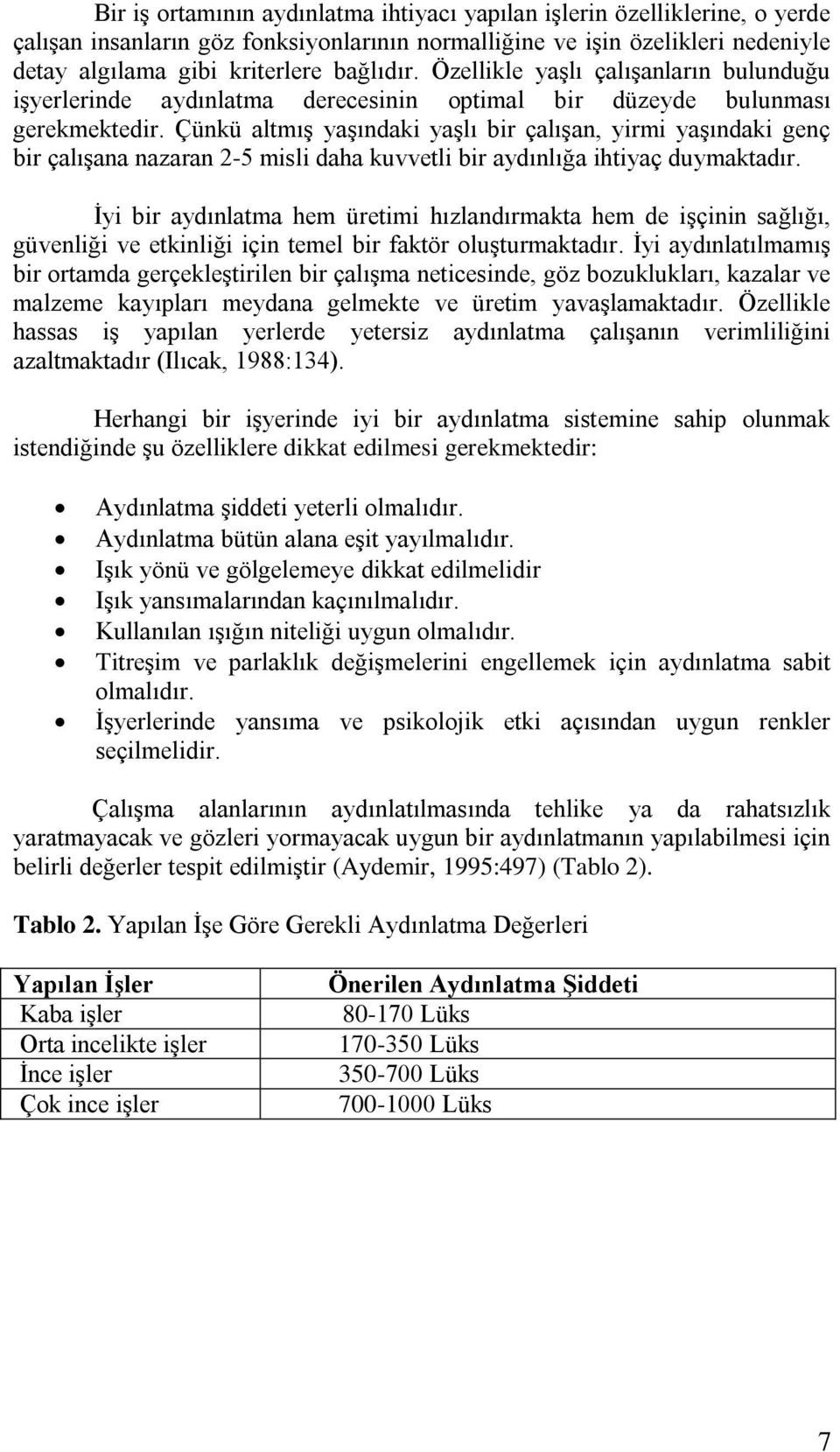 Çünkü altmıģ yaģındaki yaģlı bir çalıģan, yirmi yaģındaki genç bir çalıģana nazaran 2-5 misli daha kuvvetli bir aydınlığa ihtiyaç duymaktadır.