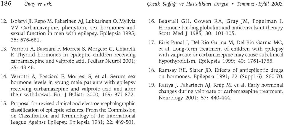 Thyroid hormones in epileptic children receiving carbamazepine and valproic acid. Pediatr Neurol 2001; 25: 43-46. 14. Verrotti A, Basciani F, Morresi S, et al.