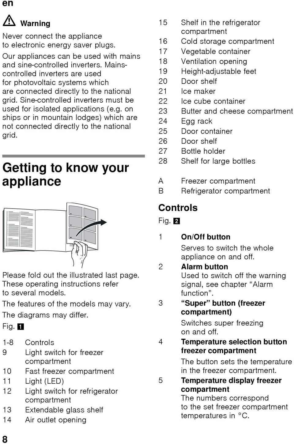 Getting to know your appliance 15 Shelf in the refrigerator compartment 16 Cold storage compartment 17 Vegetable container 18 Ventilation opening 19 Height-adjustable feet 20 Door shelf 21 Ice maker