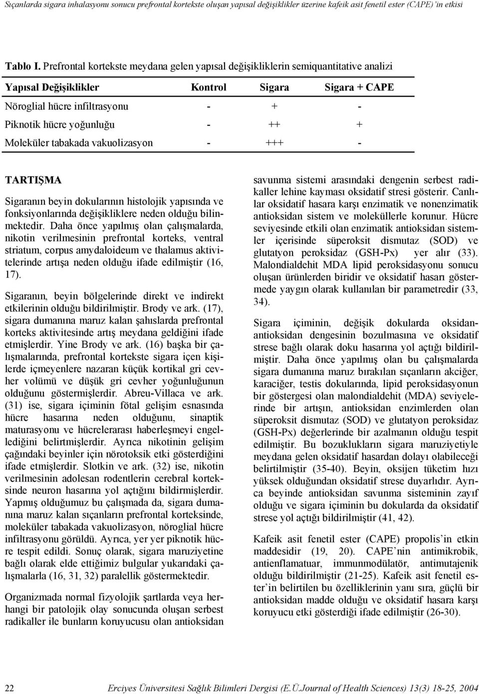 ++ + Moleküler tabakada vakuolizasyon - +++ - TARTIŞMA Sigaranın beyin dokularının histolojik yapısında ve fonksiyonlarında değişikliklere neden olduğu bilinmektedir.