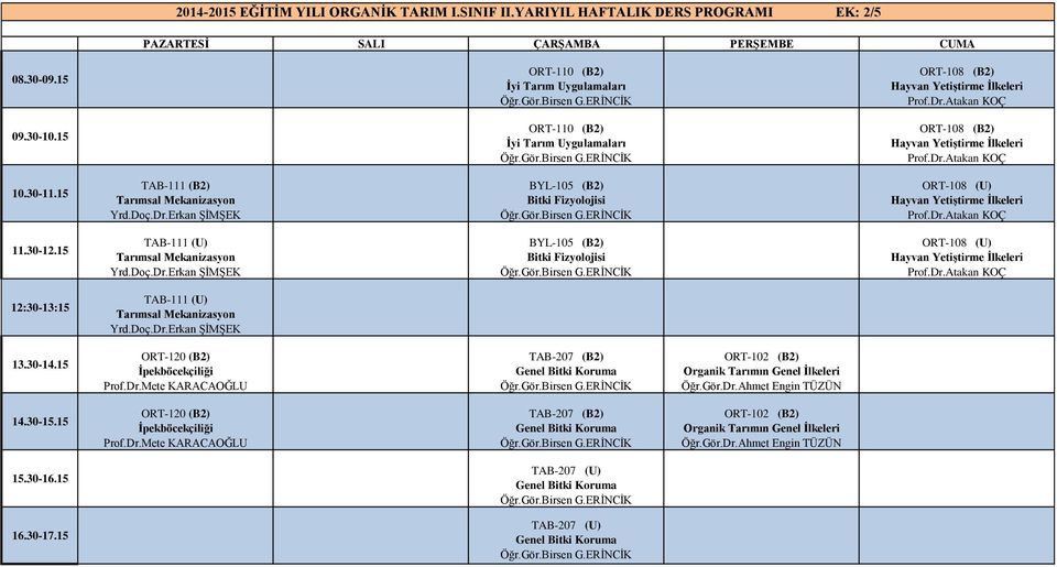 İlkeleri TAB-111 (B2) Tarımsal Mekanizasyon BYL-105 (B2) Bitki Fizyolojisi ORT-108 (U) Hayvan Yetiştirme İlkeleri TAB-111 (U) Tarımsal Mekanizasyon BYL-105 (B2) Bitki Fizyolojisi ORT-108