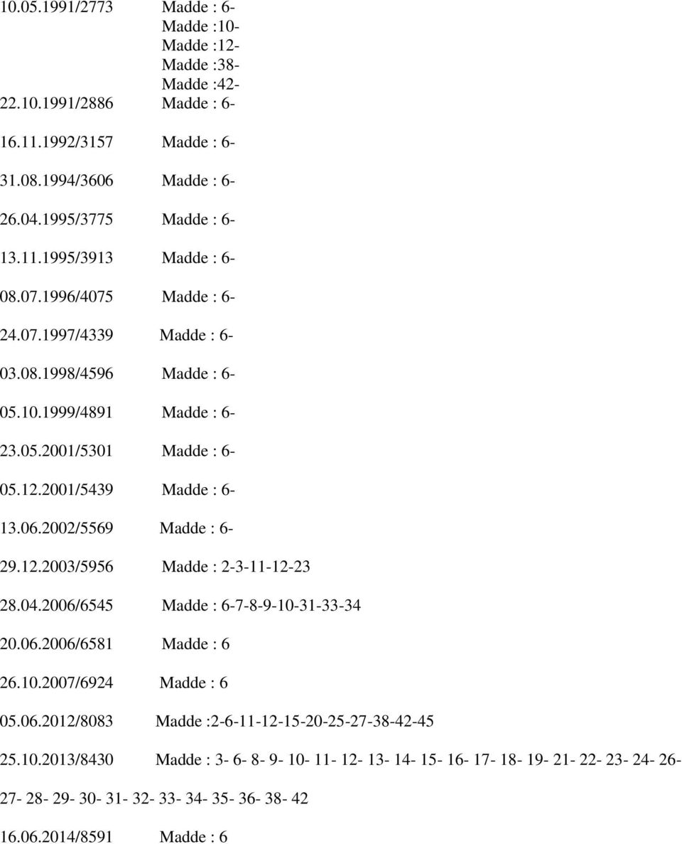 2002/5569 Madde : 6-29.12.2003/5956 Madde : 2-3-11-12-23 28.04.2006/6545 Madde : 6-7-8-9-10-31-33-34 20.06.2006/6581 Madde : 6 26.10.2007/6924 Madde : 6 05.06.2012/8083 Madde :2-6-11-12-15-20-25-27-38-42-45 25.