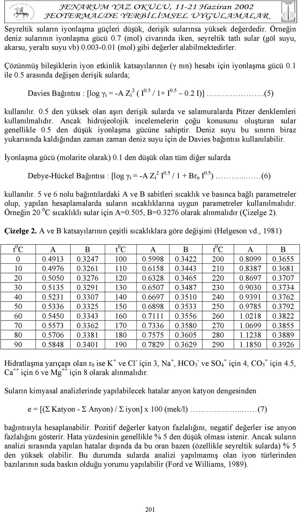 Çözünmüş bileşiklerin iyon etkinlik katsayılarının (γ nın) hesabı için iyonlaşma gücü 0.1 ile 0.5 arasında değişen derişik sularda; Davies Bağıntısı : [log γ i = -A Z i 2 ( I 0.5 / 1+ I 0.5 0.2 I)].