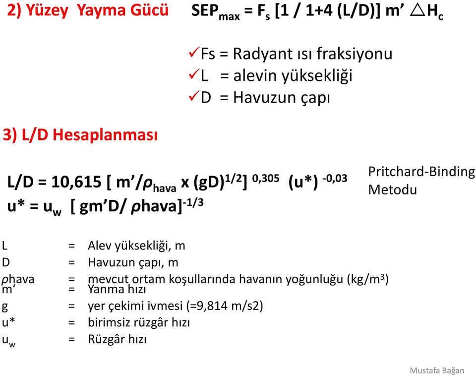 Metodu u* = u w [ gm D/ρhava] -1/3 L = Alev yüksekliği, m D = Havuzun çapı, m ρhava mevcut ortam koşullarında