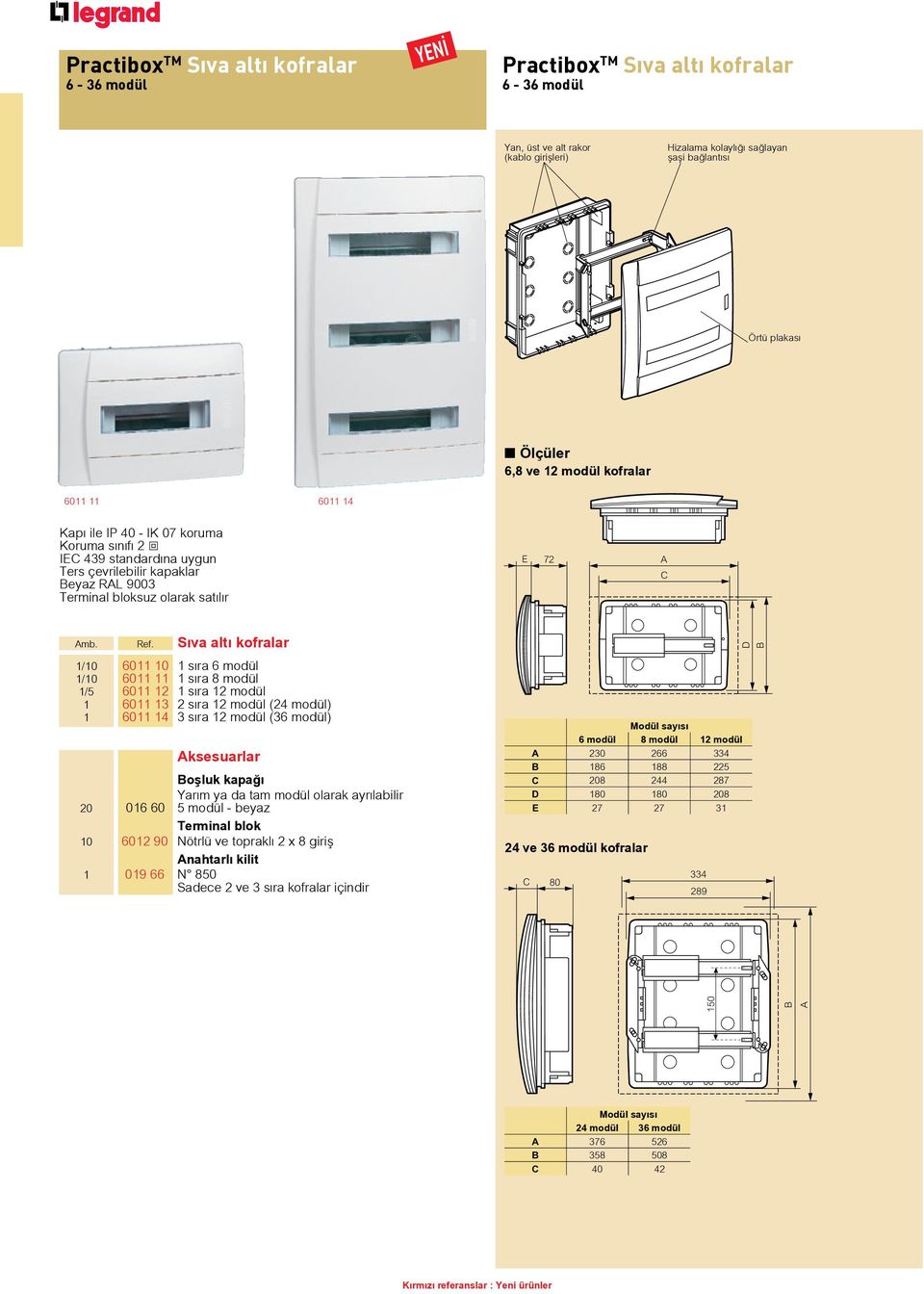Amb. Sıva altı kofralar 1/10 6011 10 1 sıra 6 modül 1/10 6011 11 1 sıra 8 modül 1/5 6011 12 1 sıra 12 modül 1 6011 13 2 sıra 12 modül (24 modül) 1 6011 14 3 sıra 12 modül (36 modül) Aksesuarlar
