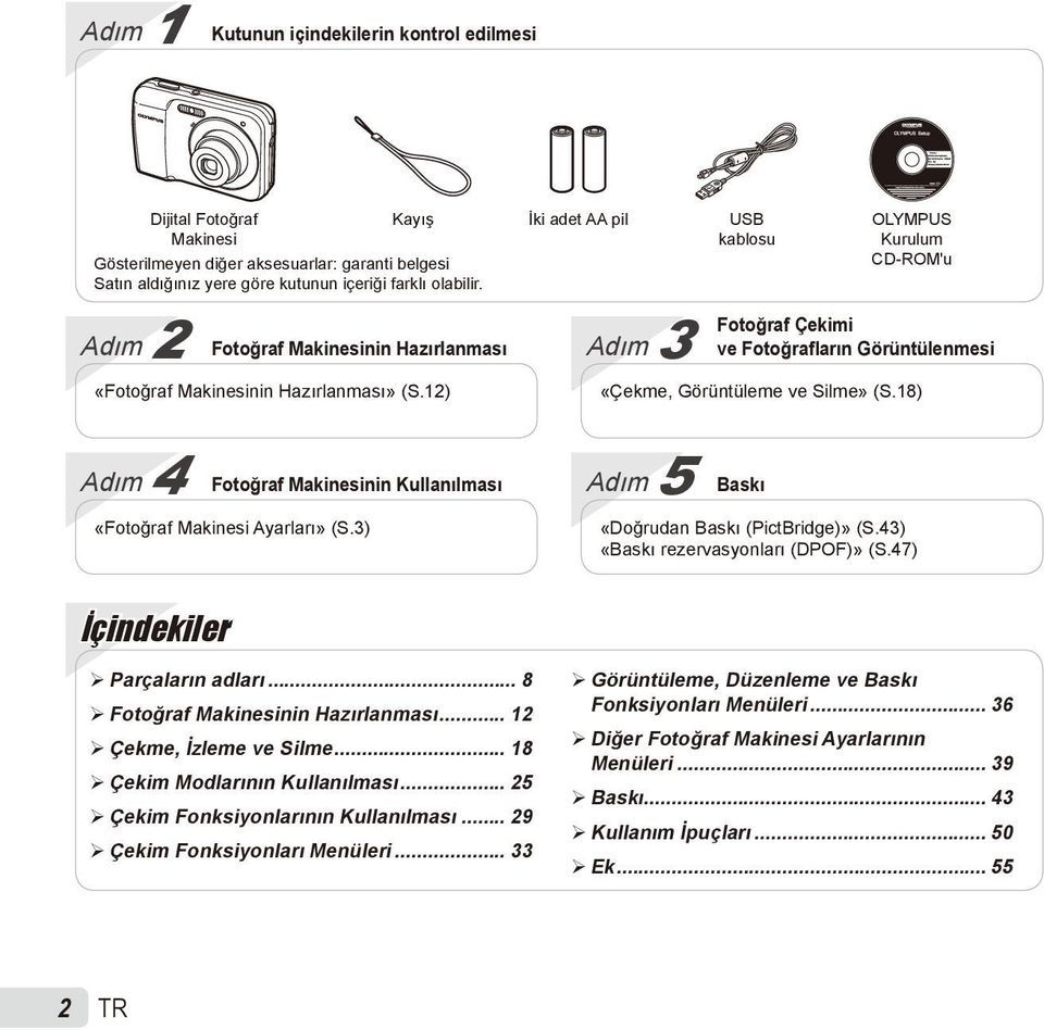 ve Fotoğrafların Görüntülenmesi «Çekme, Görüntüleme ve Silme» (S.18) Adım 4 Fotoğraf Makinesinin Kullanılması «Fotoğraf Makinesi Ayarları» (S.3) Adım 5 Baskı «Doğrudan Baskı (PictBridge)» (S.