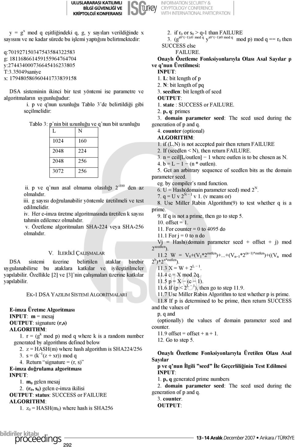 p ve q'nun uzunluğu Tablo 3 de belirtildiği gibi seçilmelidir: Tablo 3: p nin bit uzunluğu ve q nun bit uzunluğu L N 1024 160 2048 224 2048 256 3072 256 ii.