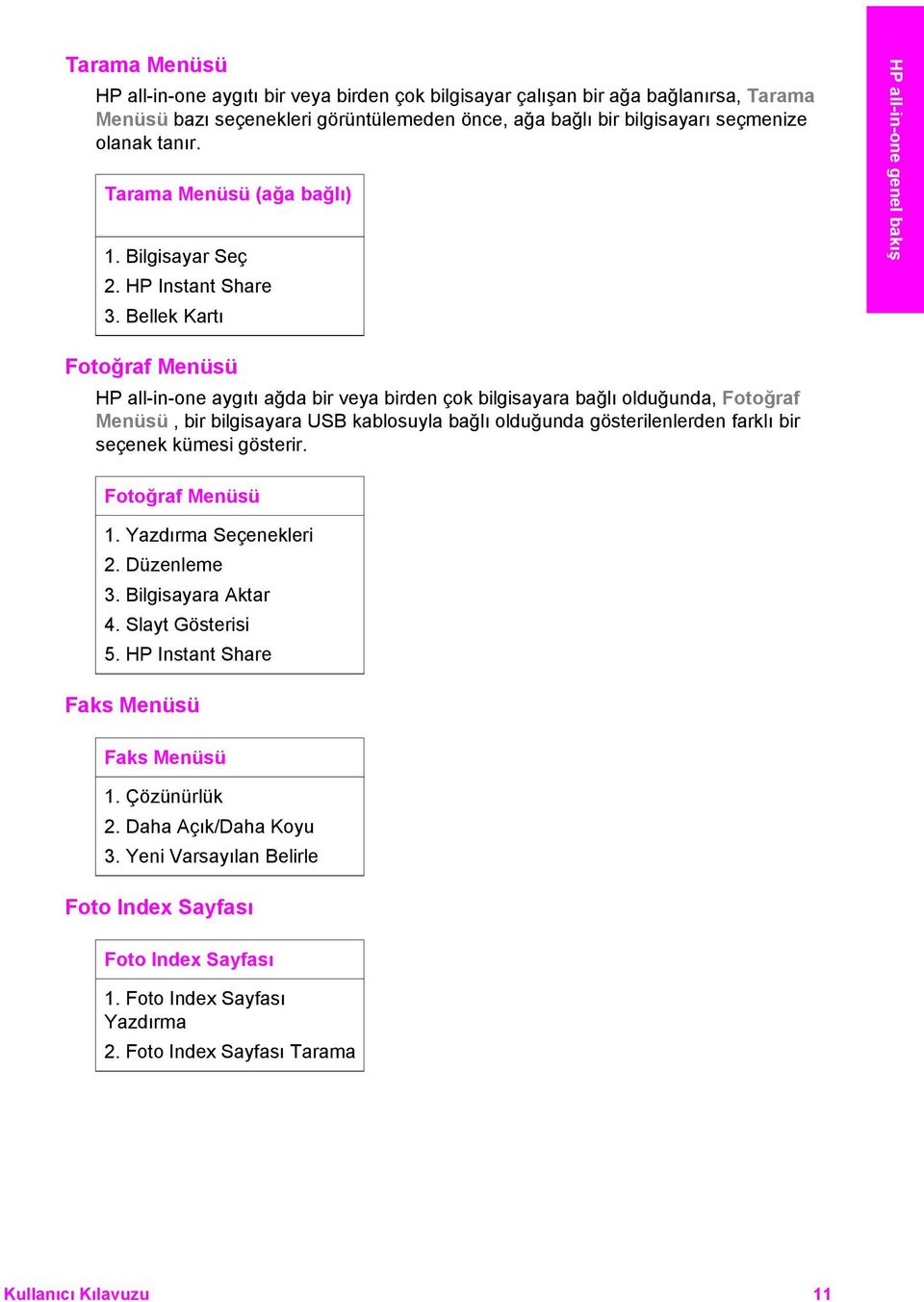 Bellek Kartı HP all-in-one genel bakış Fotoğraf Menüsü HP all-in-one aygıtı ağda bir veya birden çok bilgisayara bağlı olduğunda, Fotoğraf Menüsü, bir bilgisayara USB kablosuyla bağlı olduğunda