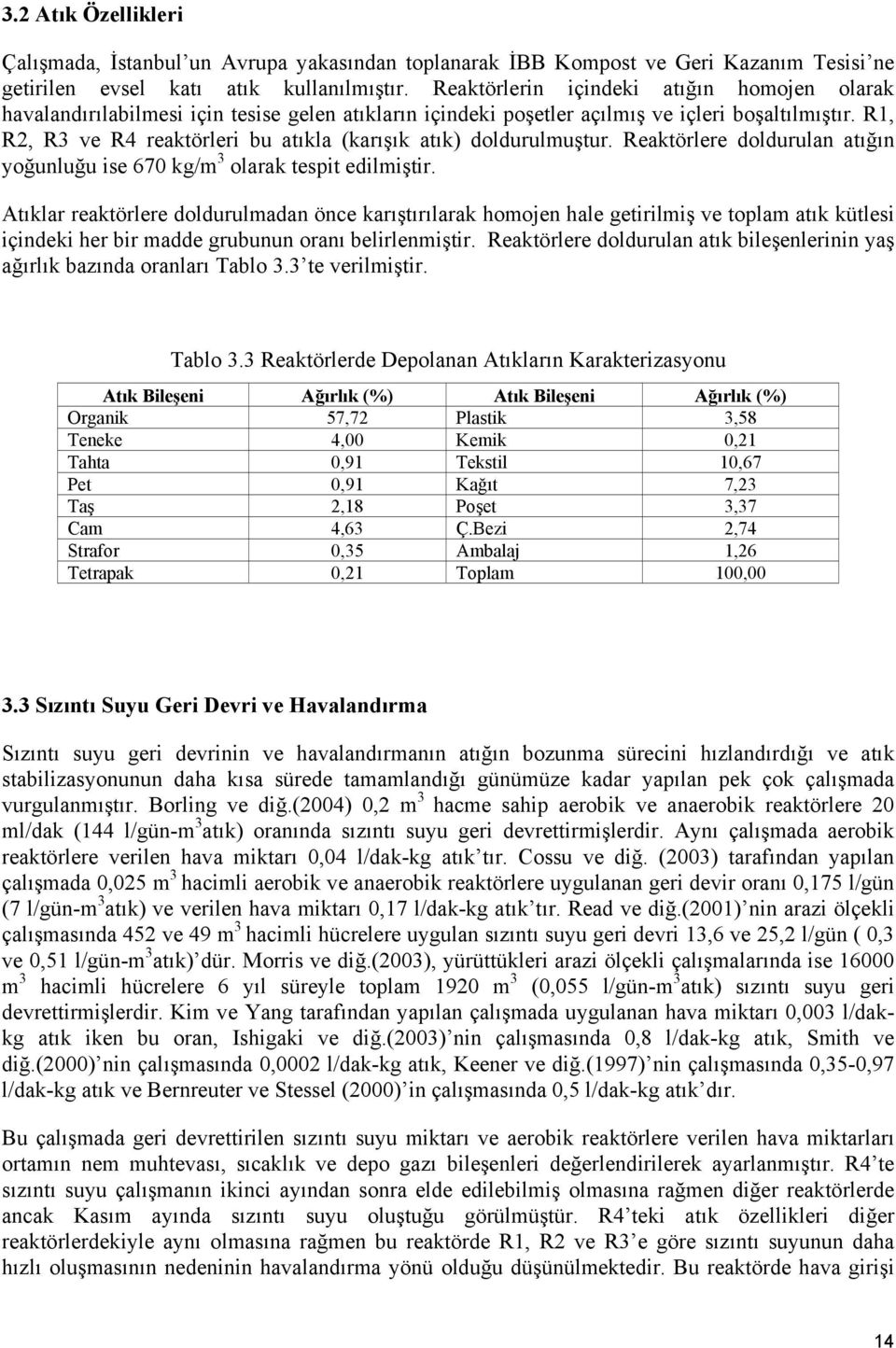 ,, ve reaktörleri bu atıkla (karışık atık) doldurulmuştur. Reaktörlere doldurulan atığın yoğunluğu ise 67 kg/m 3 olarak tespit edilmiştir.