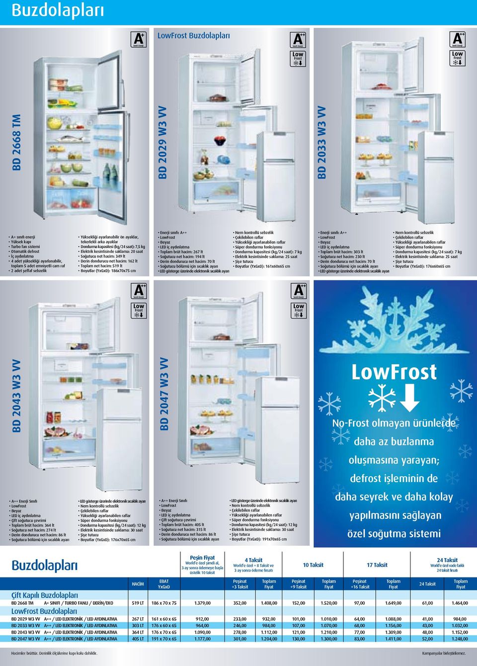 net hacim: 162 lt net hacim: 519 lt Boyutlar (YxGxD): 186x70x75 cm BD 2029 W3 VV BD 2033 W3 VV Enerji sınıfı: A++ LowFrost Beyaz LED iç aydınlatma brüt hacim: 267 lt Soğutucu net hacim: 194 lt Derin