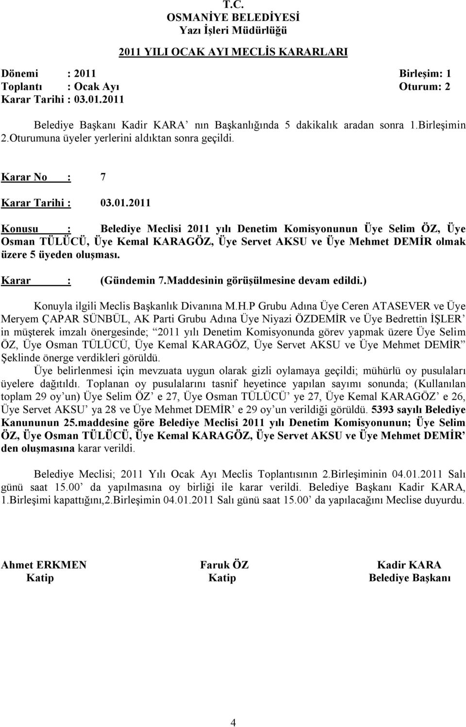 2011 Konusu : Belediye Meclisi 2011 yılı Denetim Komisyonunun Üye Selim ÖZ, Üye Osman TÜLÜCÜ, Üye Kemal KARAGÖZ, Üye Servet AKSU ve Üye Mehmet DEMİR olmak üzere 5 üyeden oluşması. Karar : (Gündemin 7.