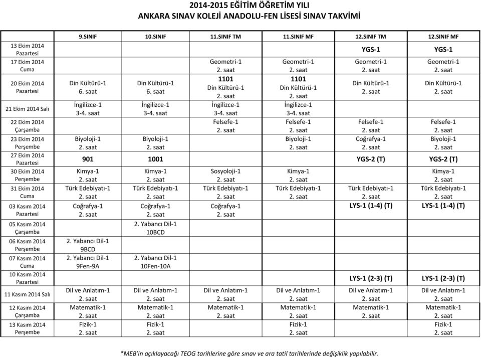 Kasım 2014 Salı 12 Kasım 2014 13 Kasım 2014 1101 1101 YGS-1 YGS-1 901 1001 YGS-2 (T) YGS-2 (T)