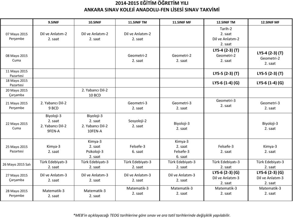 (2-3) (T) LYS-6 (1-4) (G) 22 Mayıs 2015 9FEN-A 10FEN-A Sosyoloji-2 25 Mayıs 2015 26