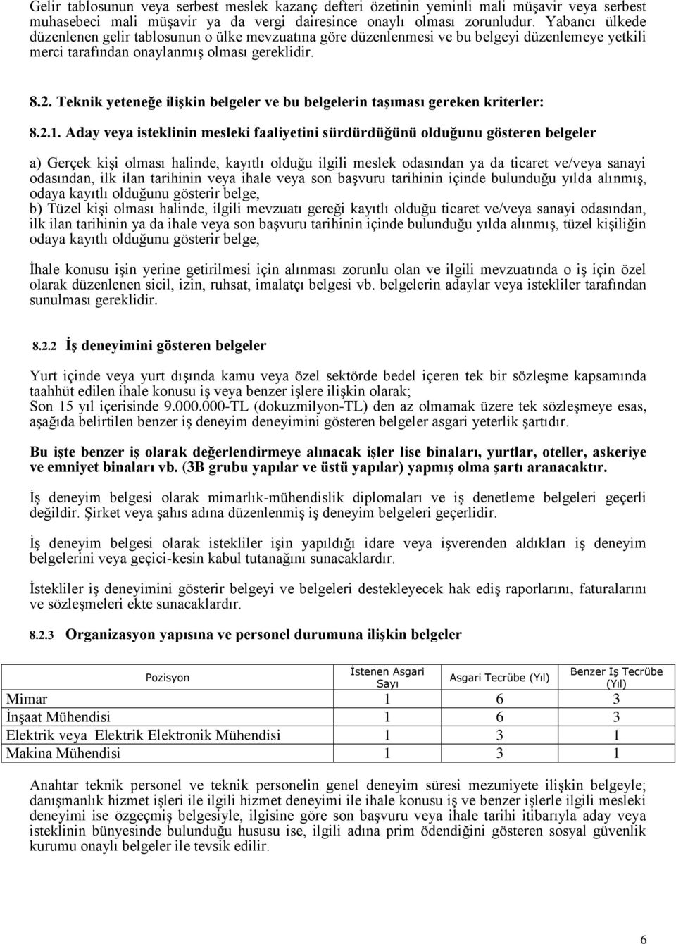 Teknik yeteneğe iliģkin belgeler ve bu belgelerin taģıması gereken kriterler: 8.2.1.