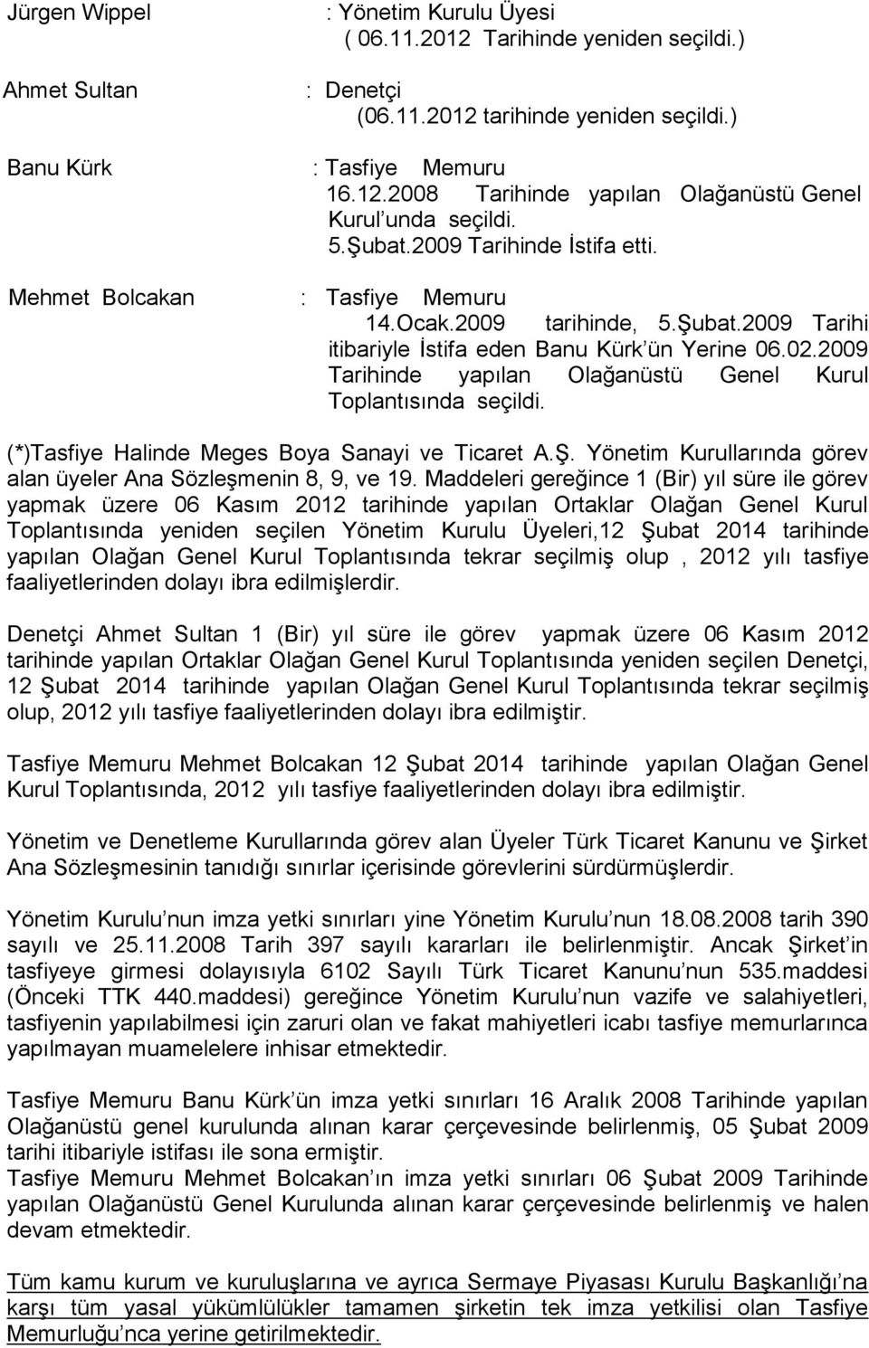 2009 Tarihinde yapılan Olağanüstü Genel Kurul Toplantısında seçildi. (*)Tasfiye Halinde Meges Boya Sanayi ve Ticaret A.Ş. Yönetim Kurullarında görev alan üyeler Ana Sözleşmenin 8, 9, ve 19.