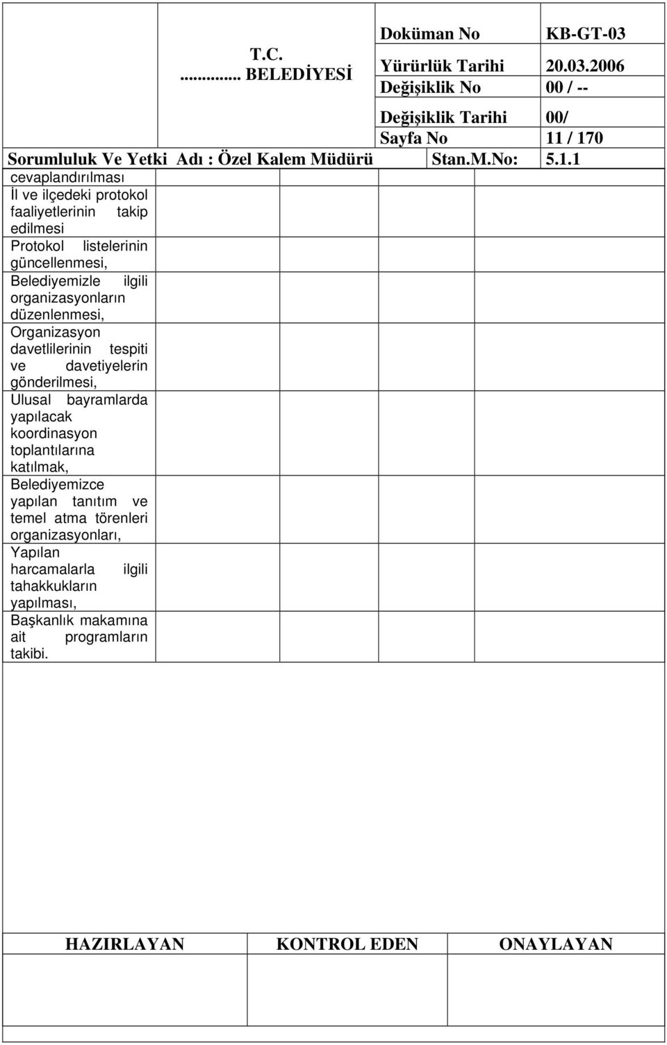 Protokol listelerinin güncellenmesi, Belediyemizle ilgili organizasyonların düzenlenmesi, Organizasyon davetlilerinin tespiti ve davetiyelerin