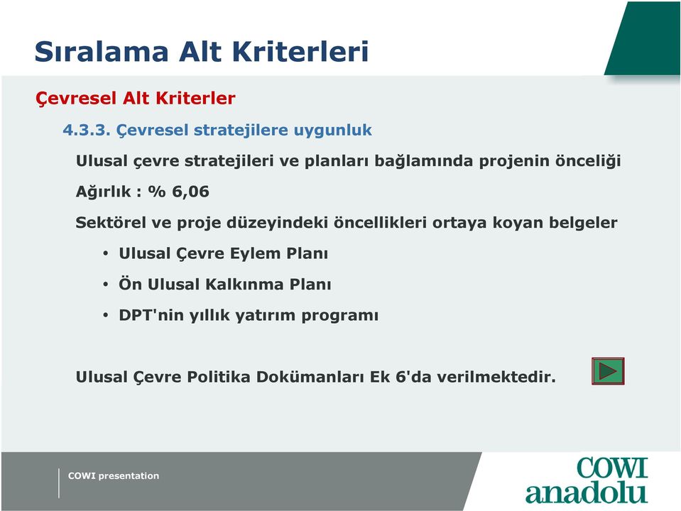 önceliği Ağırlık : % 6,06 Sektörel ve proje düzeyindeki öncellikleri ortaya koyan belgeler