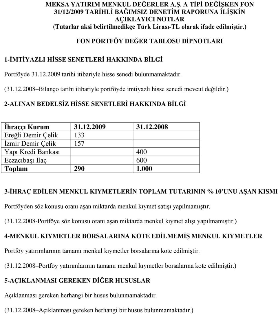 000 3-İHRAÇ EDİLEN MENKUL KIYMETLERİN TOPLAM TUTARININ % 10'UNU AŞAN KISMI Prtföyden söz knusu ranı aşan miktarda menkul kıymet satışı yapılmamıştır. (31.12.