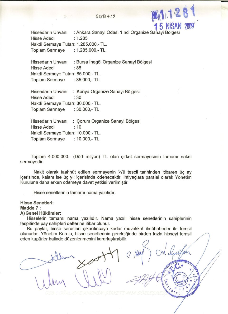 000,- TL: Hissedarin Unvani : Konya Organize Sanayi Bölgesi Hisse Adedi : 30 Nakdi Sermaye Tutari: 30.000,- TL. Toplam Sermaye : 30.