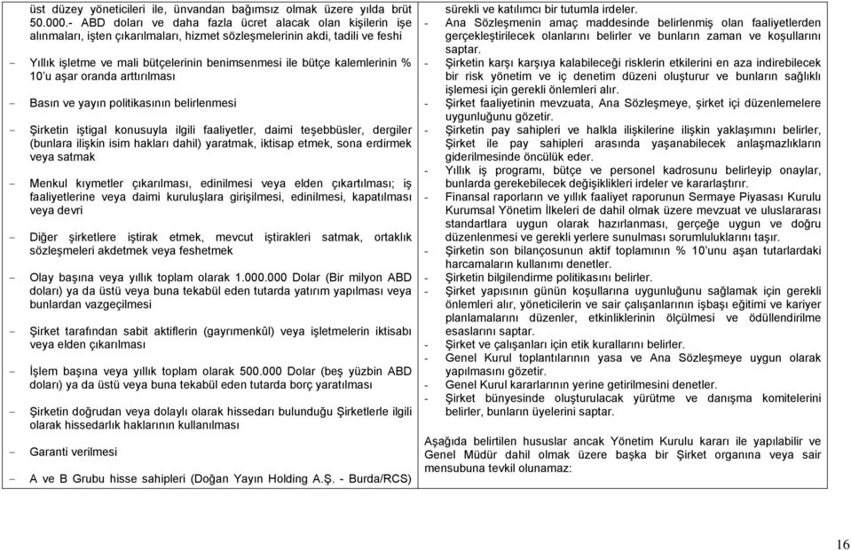 kalemlerinin % 10 u aşar oranda arttırılması - Basın ve yayın politikasının belirlenmesi - Şirketin iştigal konusuyla ilgili faaliyetler, daimi teşebbüsler, dergiler (bunlara ilişkin isim hakları