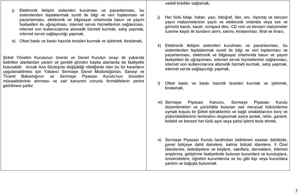 baskı hazırlık tesisleri kurmak ve işletmek, kiralamak, Şirket Yönetim Kurulunun önerisi ve Genel Kurulun onayı ile yukarıda belirtilen alanlardan yararlı ve gerekli görülen başka alanlarda da