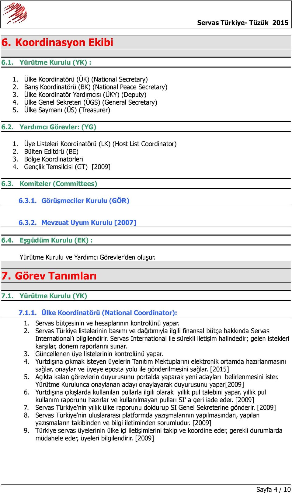 Bölge Koordinatörleri 4. Gençlik Temsilcisi (GT) [2009] 6.3. Komiteler (Committees) 6.3.1. Görüşmeciler Kurulu (GÖR) 6.3.2. Mevzuat Uyum Kurulu [2007] 6.4. Eşgüdüm Kurulu (EK) : Yürütme Kurulu ve Yardımcı Görevler'den oluşur.