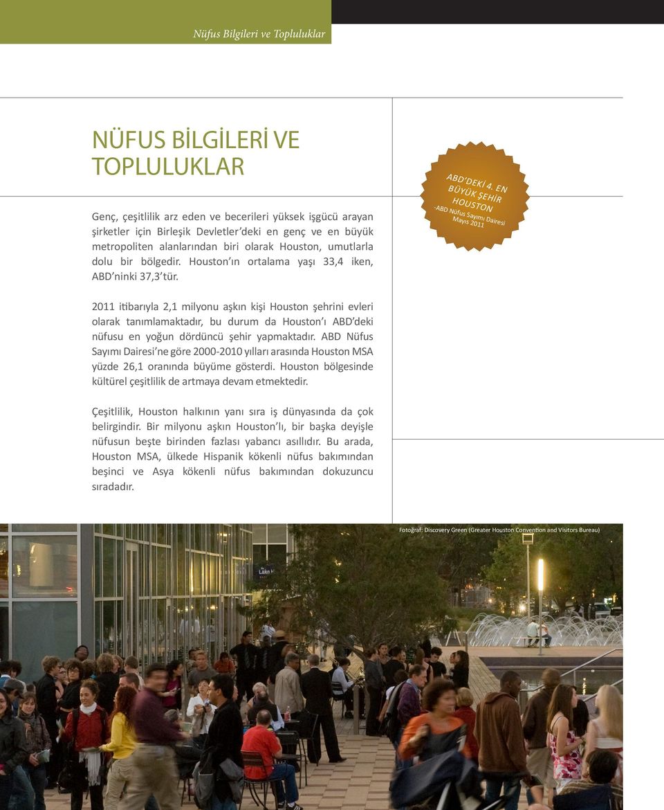 EN BÜYÜK ŞEHİR HOUSTON -ABD Nüfus Sayımı Dairesi Mayıs 2011 2011 itibarıyla 2,1 milyonu aşkın kişi Houston şehrini evleri olarak tanımlamaktadır, bu durum da Houston ı ABD deki nüfusu en yoğun