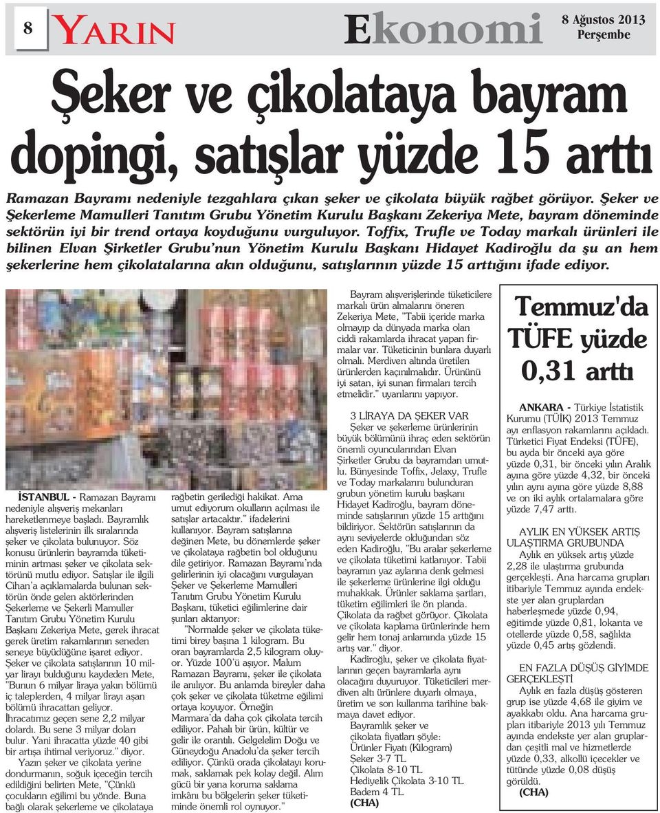 Toffix, Trufle ve Today markal ürünleri ile bilinen Elvan fiirketler Grubu nun Yönetim Kurulu Baflkan Hidayet Kadiro lu da flu an hem flekerlerine hem çikolatalar na ak n oldu unu, sat fllar n n