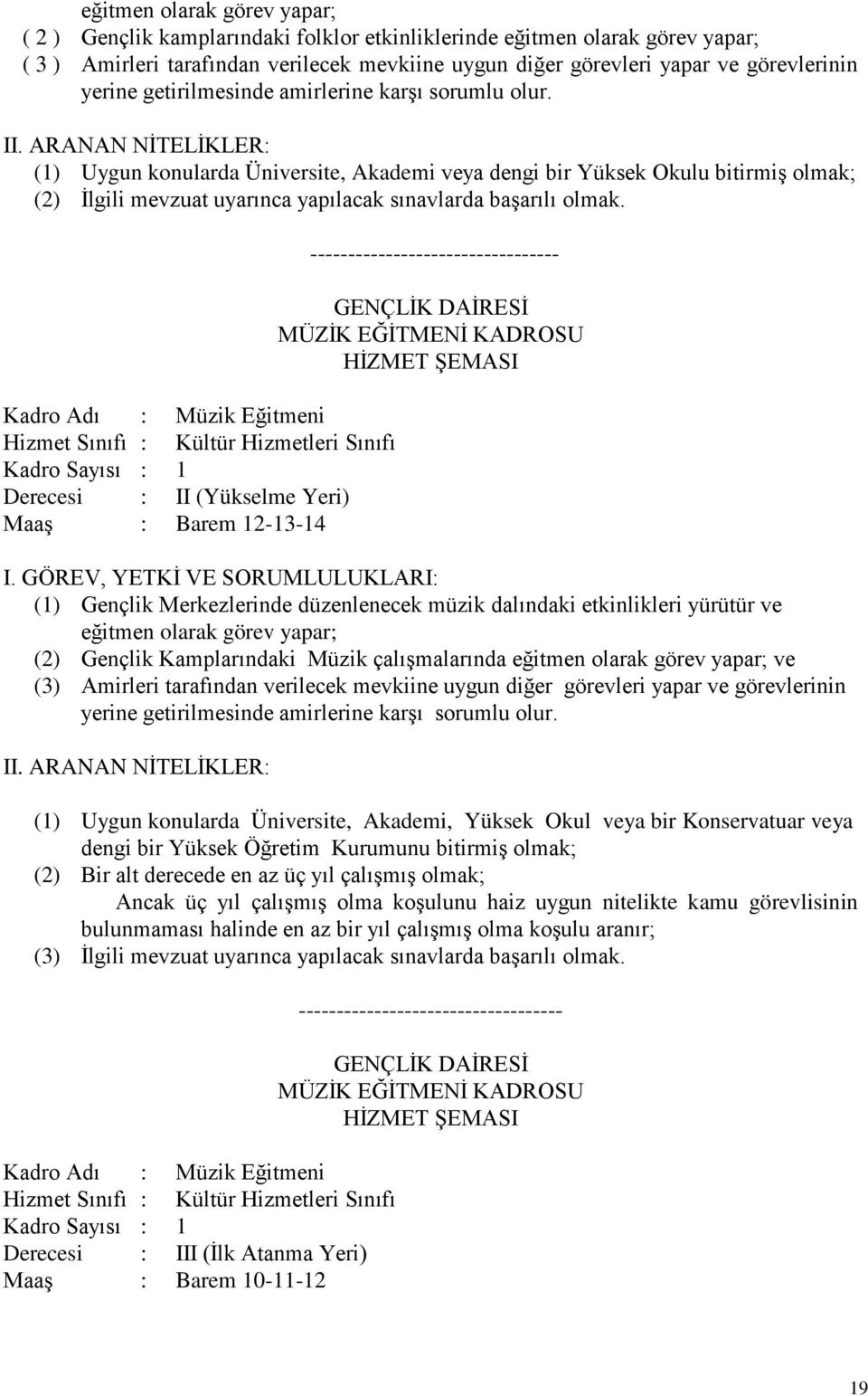 Kadro Adı : Müzik Eğitmeni Derecesi : II (Yükselme Yeri) Maaş : Barem 12-13-14 --------------------------------- MÜZİK EĞİTMENİ KADROSU (1) Gençlik Merkezlerinde düzenlenecek müzik dalındaki