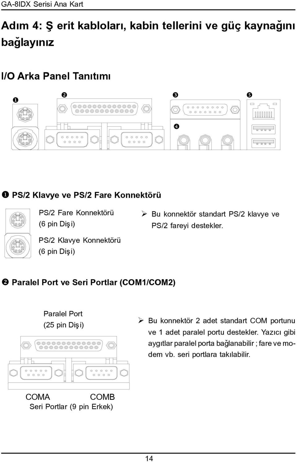 PS/2 Klavye Konnektörü (6 pin Diþi) Paralel Port ve Seri Portlar (COM/COM2) Paralel Port (25 pin Diþi) Bu konnektör 2 adet standart COM