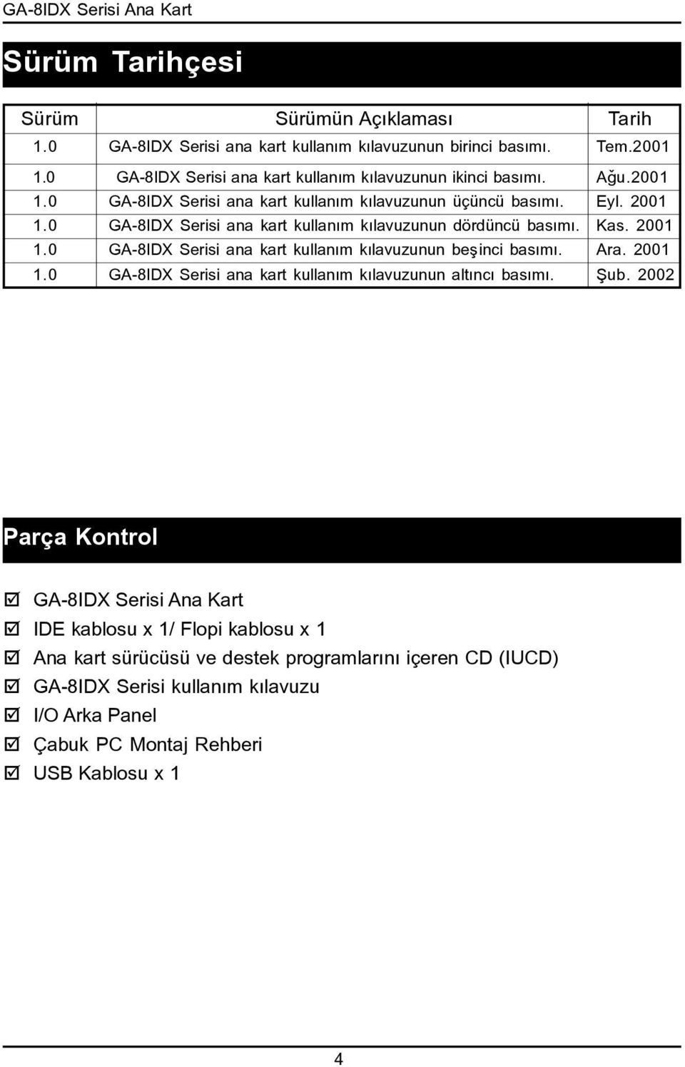 0 GA-8IDX Serisi ana kart kullaným kýlavuzunun dördüncü basýmý. Kas. 200.0 GA-8IDX Serisi ana kart kullaným kýlavuzunun beþinci basýmý. Ara. 200.0 GA-8IDX Serisi ana kart kullaným kýlavuzunun altýncý basýmý.