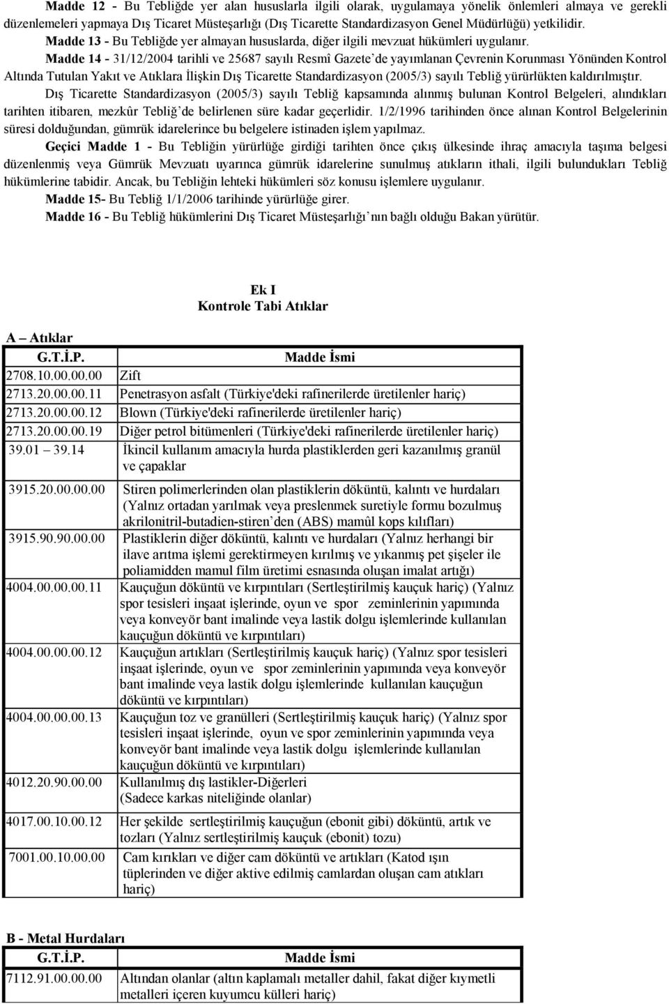 Madde 14-31/12/2004 tarihli ve 25687 sayılı Resmî Gazete de yayımlanan Çevrenin Korunması Yönünden Kontrol Altında Tutulan Yakıt ve Atıklara İlişkin Dış Ticarette Standardizasyon (2005/3) sayılı