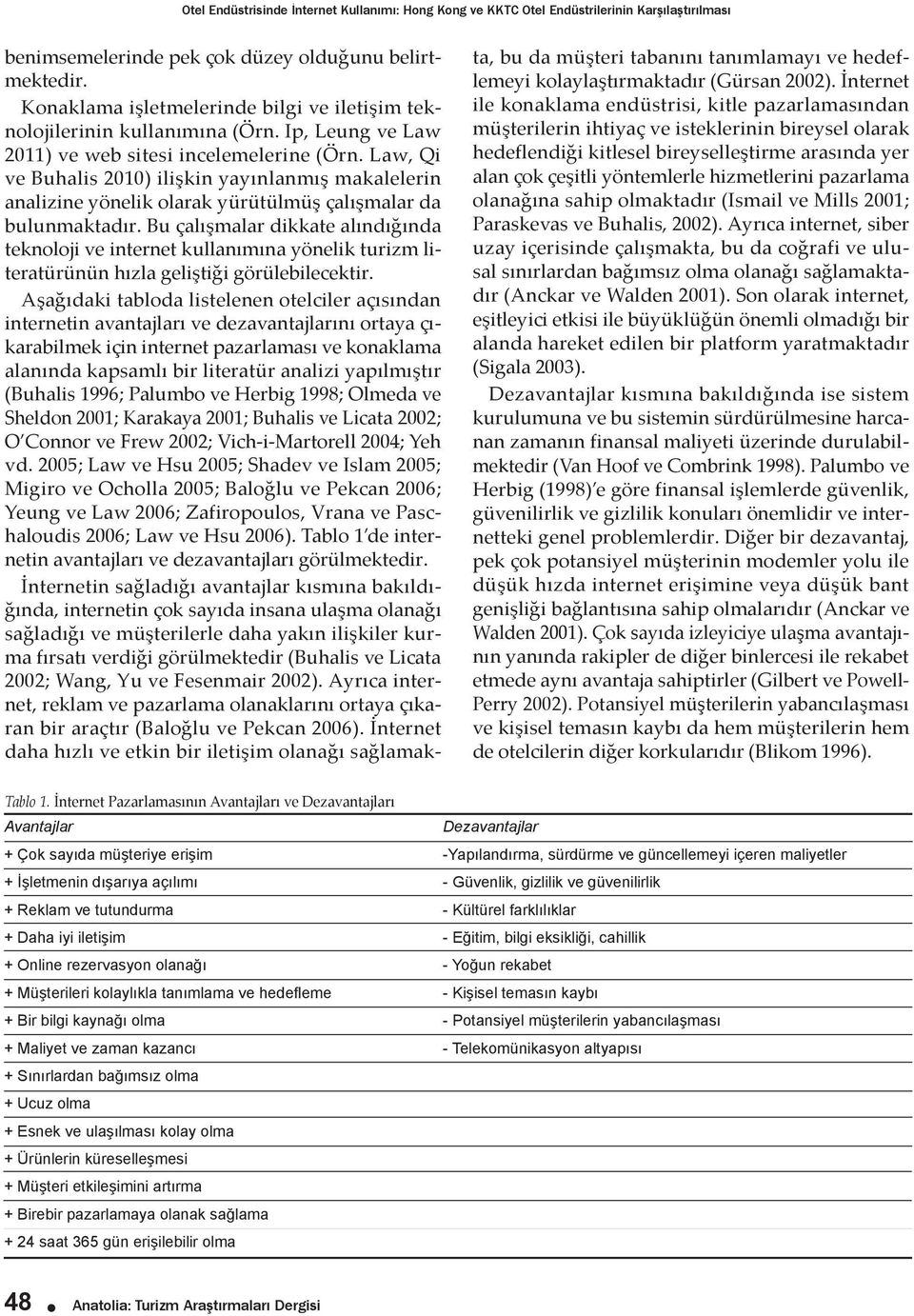 Law, Qi ve Buhalis 2010) ilişkin yayınlanmış makalelerin analizine yönelik olarak yürütülmüş çalışmalar da bulunmaktadır.