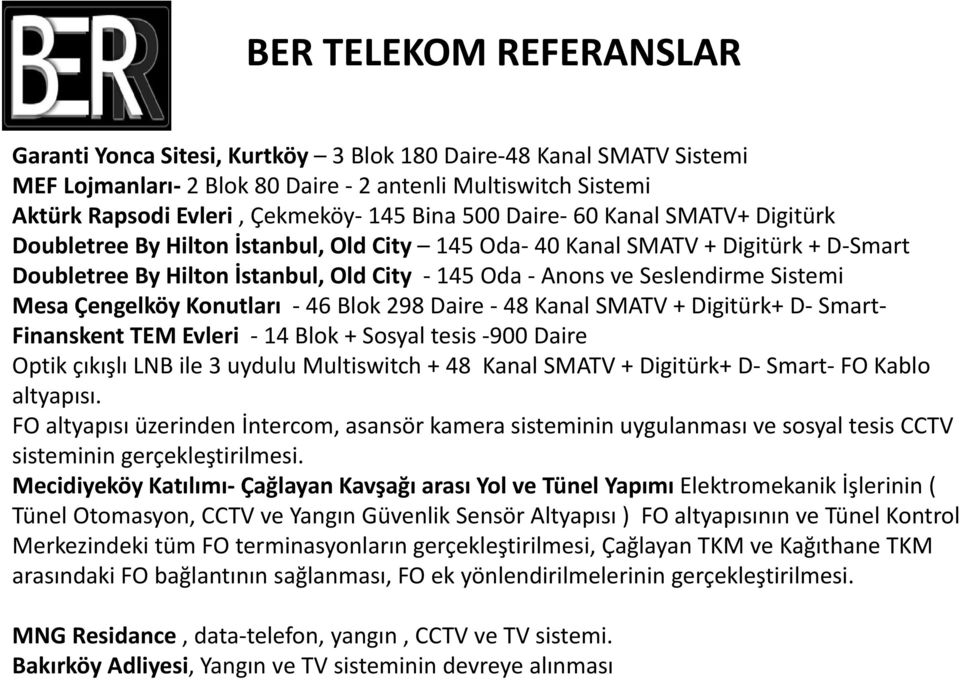 Çengelköy Konutları 46 Blok 298 Daire 48 Kanal SMATV + Digitürk+ D Smart Finanskent TEM Evleri 14 Blok + Sosyal tesis 900 Daire Optik çıkışlı LNB ile 3 uydulu Multiswitch + 48 Kanal SMATV + Digitürk+