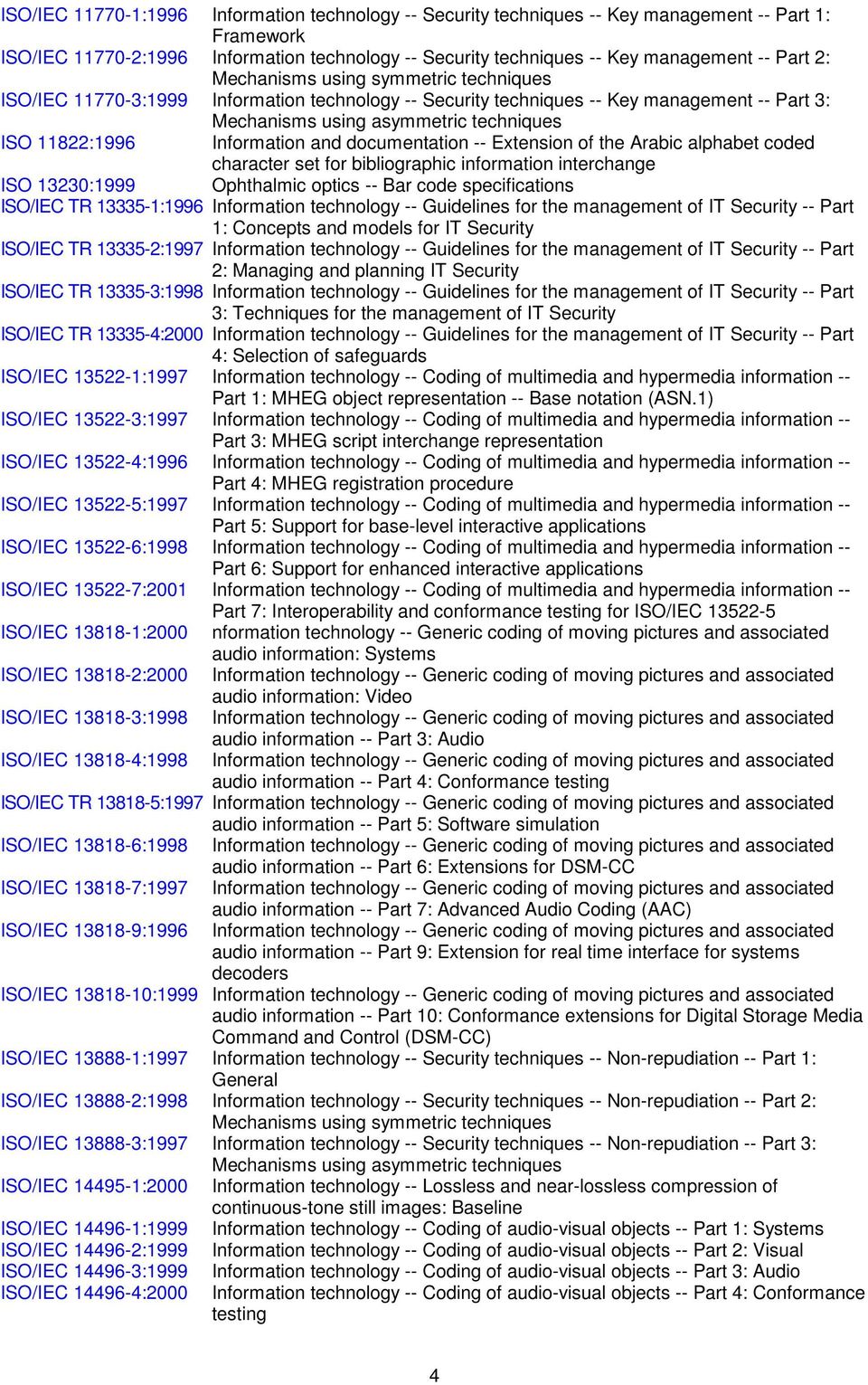 Information and documentation -- Extension of the Arabic alphabet coded character set for bibliographic information interchange ISO 13230:1999 Ophthalmic optics -- Bar code specifications ISO/IEC TR