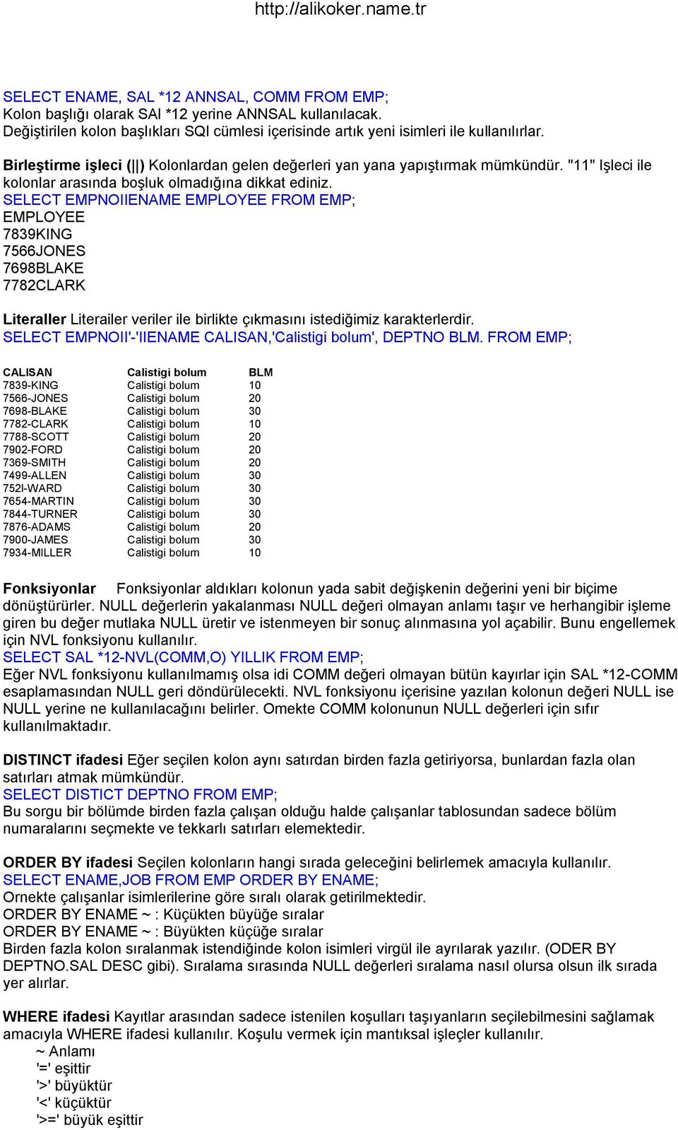 SELECT EMPNOIIENAME EMPLOYEE FROM EMP; EMPLOYEE 7839KING 7566JONES 7698BLAKE 7782CLARK Literaller Literailer veriler ile birlikte çıkmasını istediğimiz karakterlerdir.