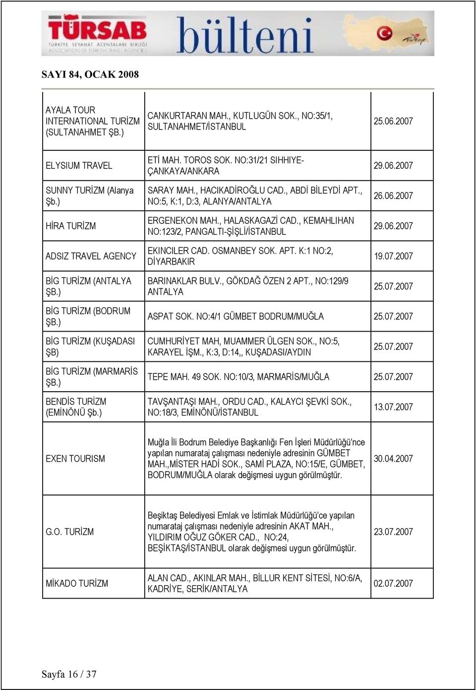 , KEMAHLIHAN NO:123/2, PANGALTI-ŞĐŞLĐ/ĐSTANBUL EKINCILER CAD. OSMANBEY SOK. APT. K:1 NO:2, DĐYARBAKIR BARINAKLAR BULV., GÖKDAĞ ÖZEN 2 APT., NO:129/9 ANTALYA 29.06.2007 26.06.2007 29.06.2007 19.07.2007 25.