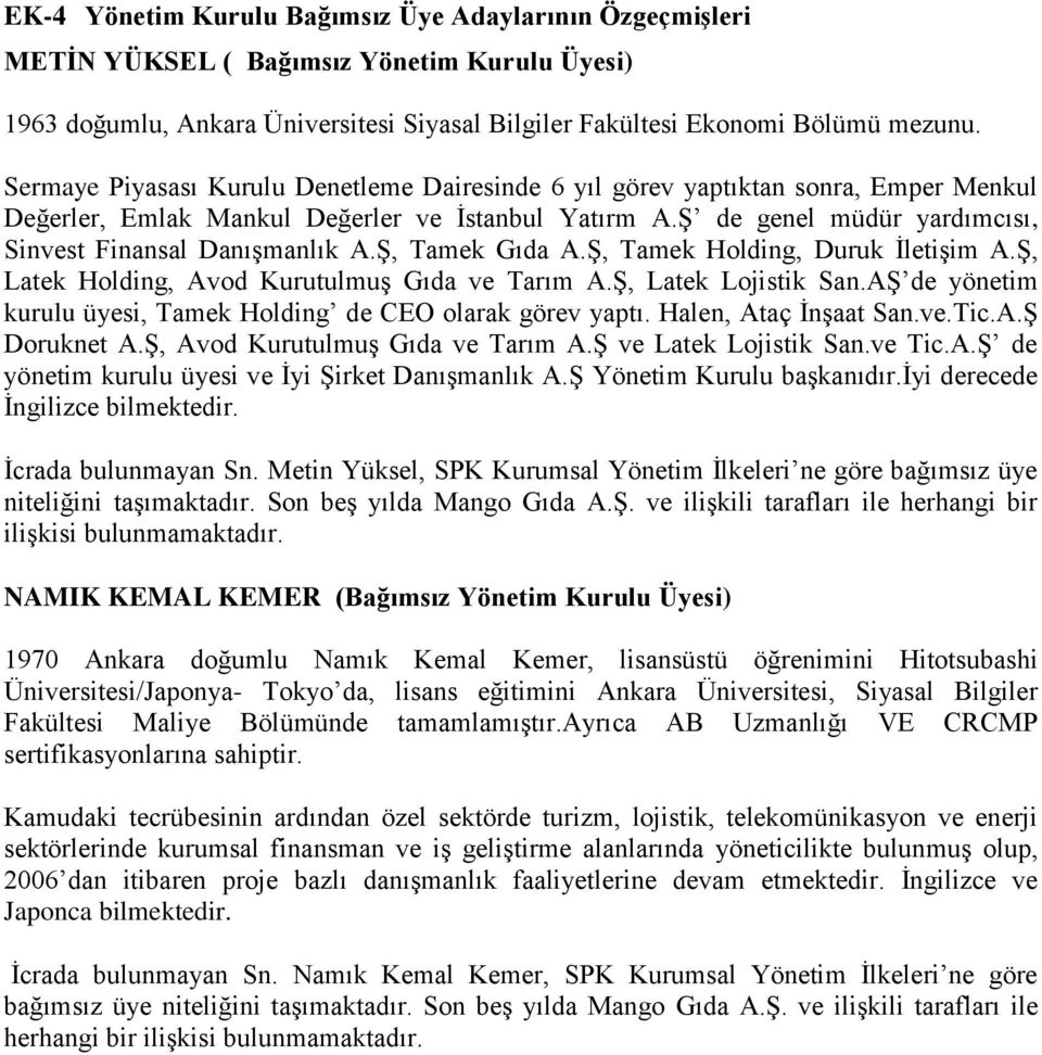 ġ, Tamek Gıda A.ġ, Tamek Holding, Duruk ĠletiĢim A.ġ, Latek Holding, Avod KurutulmuĢ Gıda ve Tarım A.ġ, Latek Lojistik San.Aġ de yönetim kurulu üyesi, Tamek Holding de CEO olarak görev yaptı.